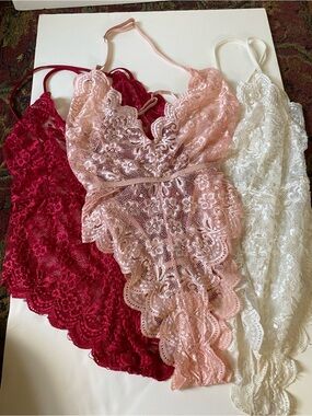 3 Piece Lace Teddy Bodysuit Lingerie Set Size M Red Pink White